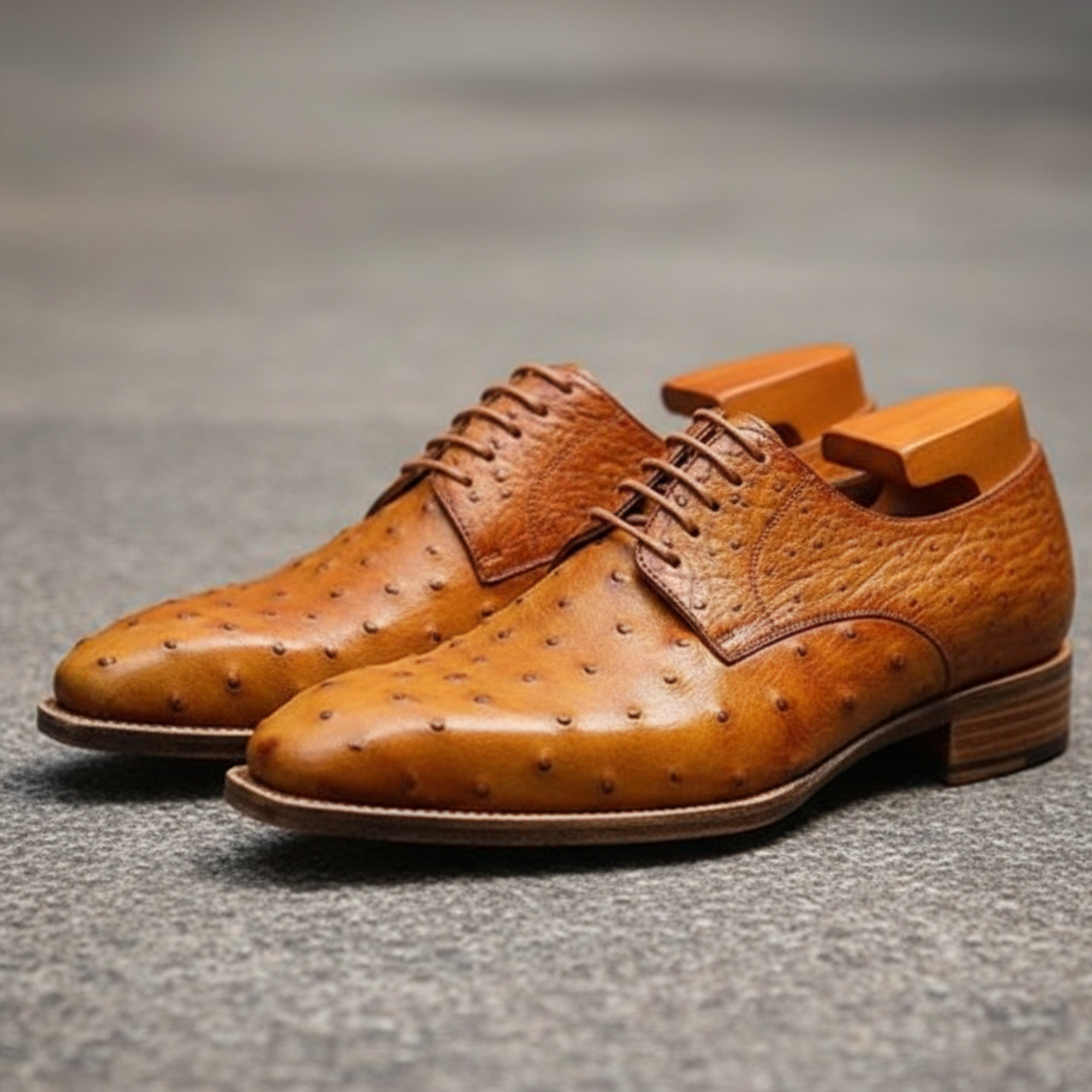 Handmade Men's Tan Derby Ostrich Leather Shoes
