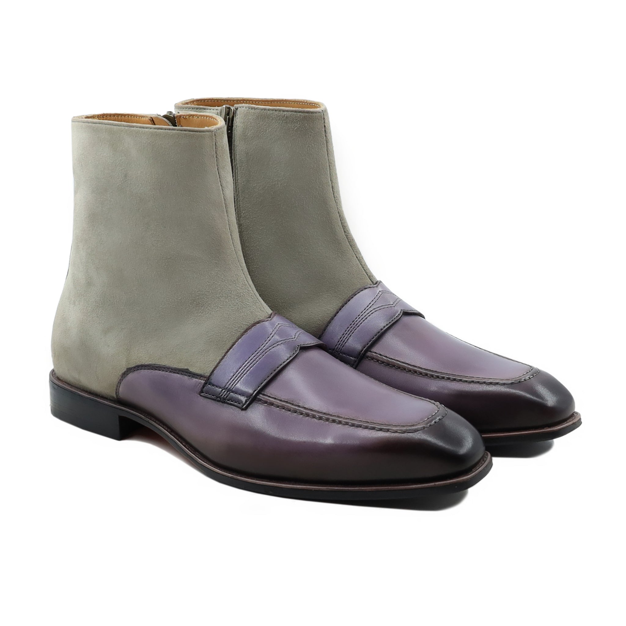 Kansas - Men's Burnished Purple Calf Leather and Steel Grey Kid Suede Chelsea Boot
